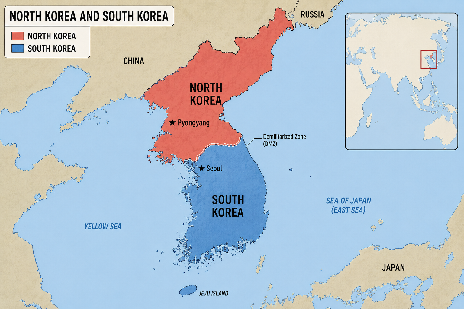 Illustrated political map of the Korean Peninsula showing North Korea in red and South Korea in blue, separated by the Demilitarized Zone (DMZ), with surrounding countries including China, Russia, and Japan labeled in English.
