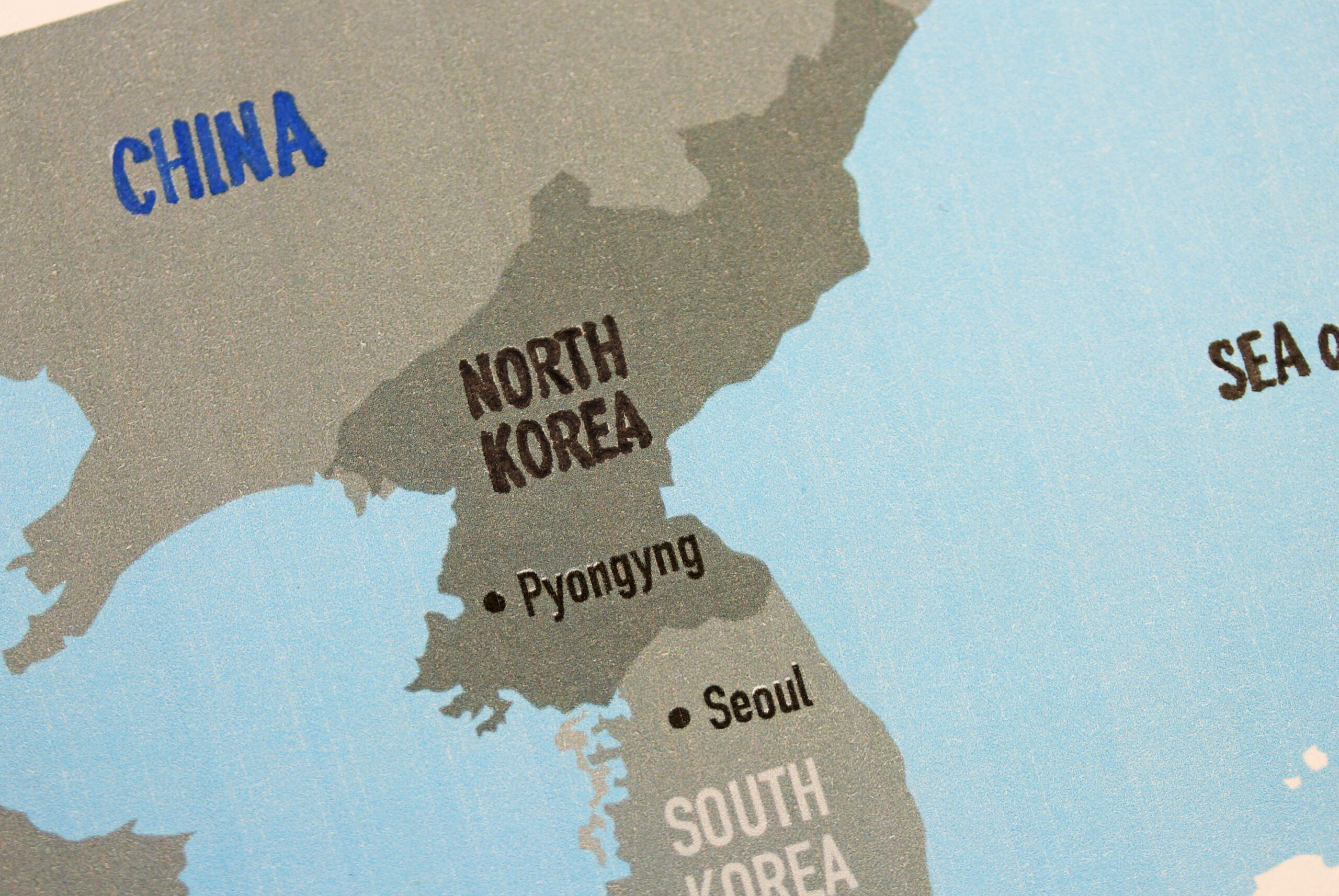 Map of the Korean Peninsula showing North Korea, South Korea, Pyongyang, and Seoul