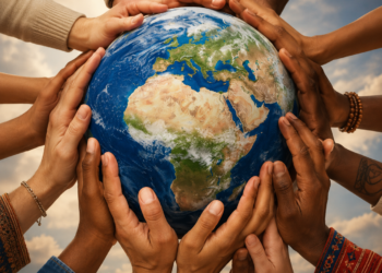 Illustration of diverse hands from people of different backgrounds holding and supporting the Earth together, symbolizing global unity, peace, and cooperation.