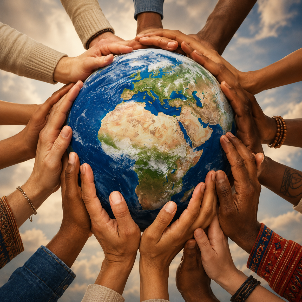 Illustration of diverse hands from people of different backgrounds holding and supporting the Earth together, symbolizing global unity, peace, and cooperation.