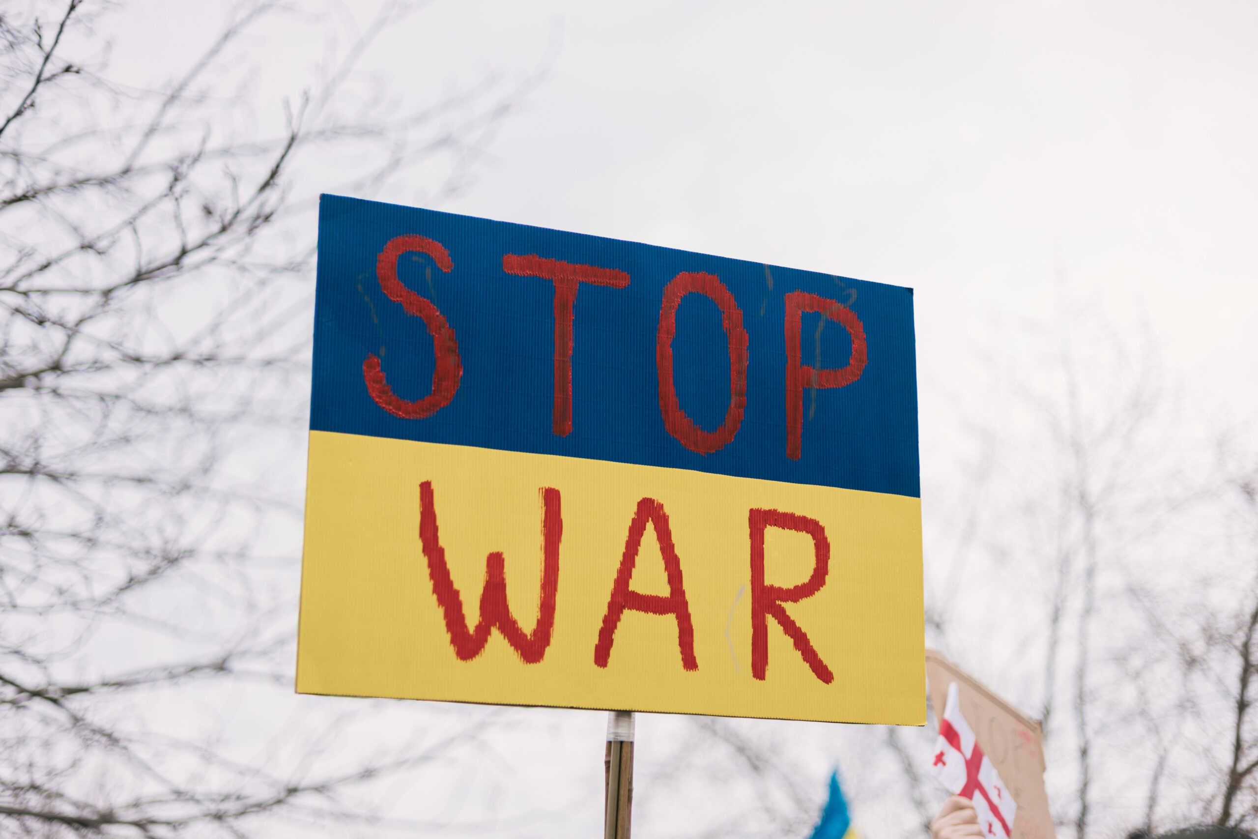 Handmade protest sign reading “STOP WAR” in red letters over blue and yellow colors associated with the Ukrainian flag.