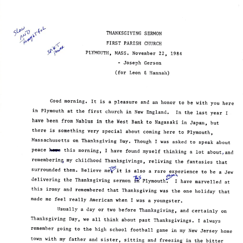 Joseph Gerson's Thanksgiving Day Sermon, Plymouth, Ma. 1984