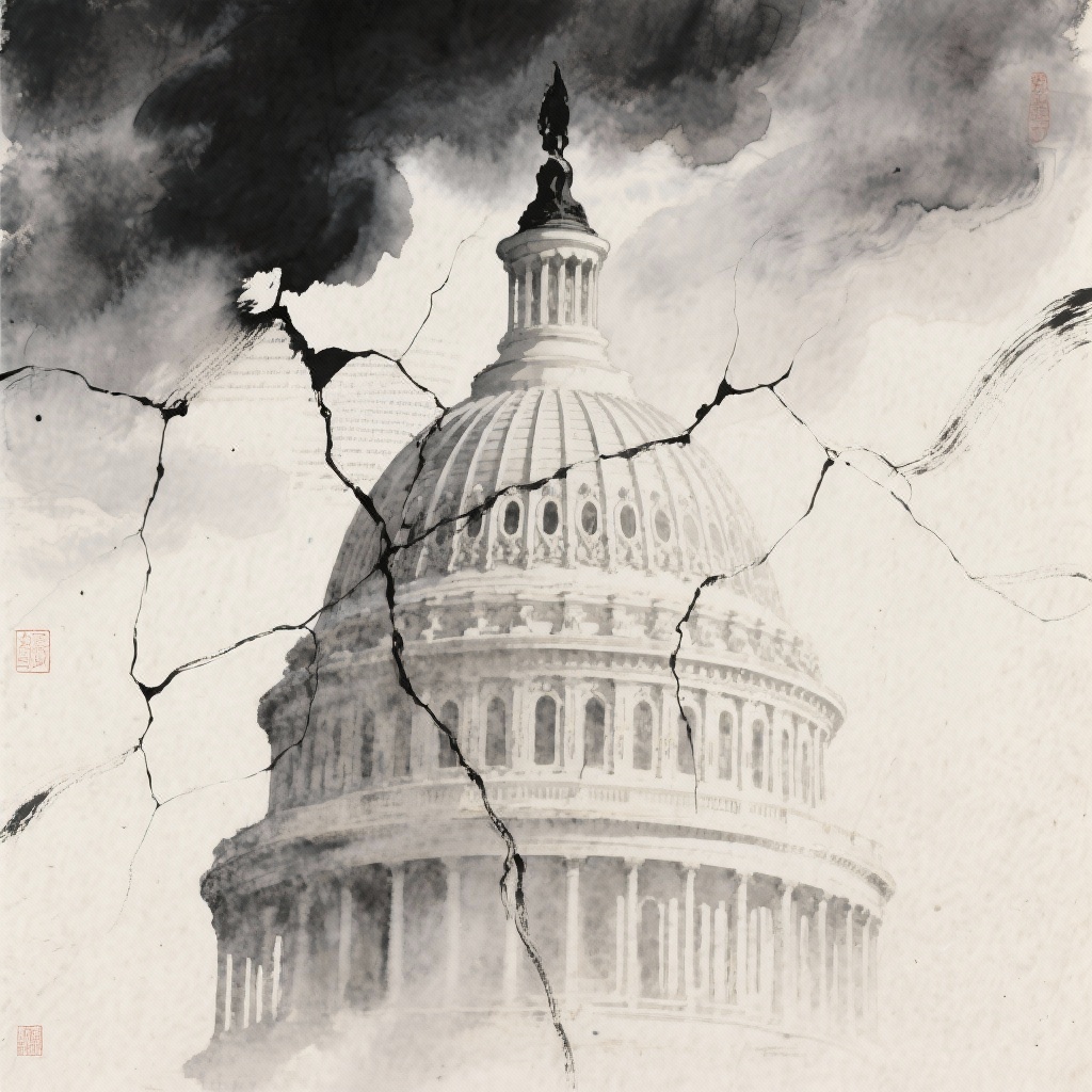 A cracked U.S. Capitol dome or faded Constitution overlaid with dark storm clouds