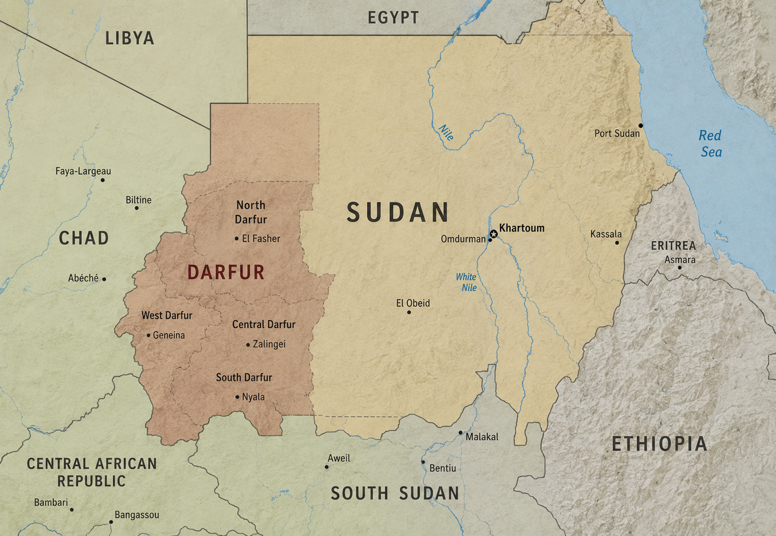 Map showing the Darfur region in western Sudan, highlighting its location and surrounding states within the country.