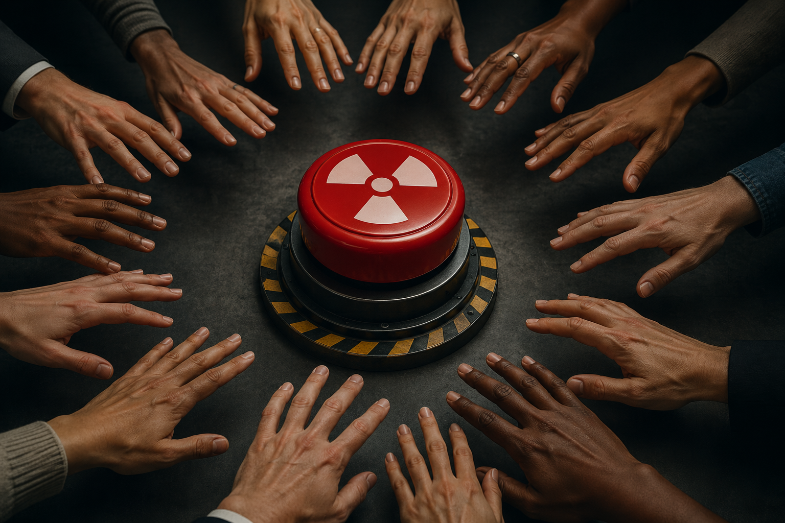 A red nuclear button sits at the center of a table, surrounded by multiple human hands reaching toward it but not touching, symbolizing collective power and the tension of nuclear decision-making.