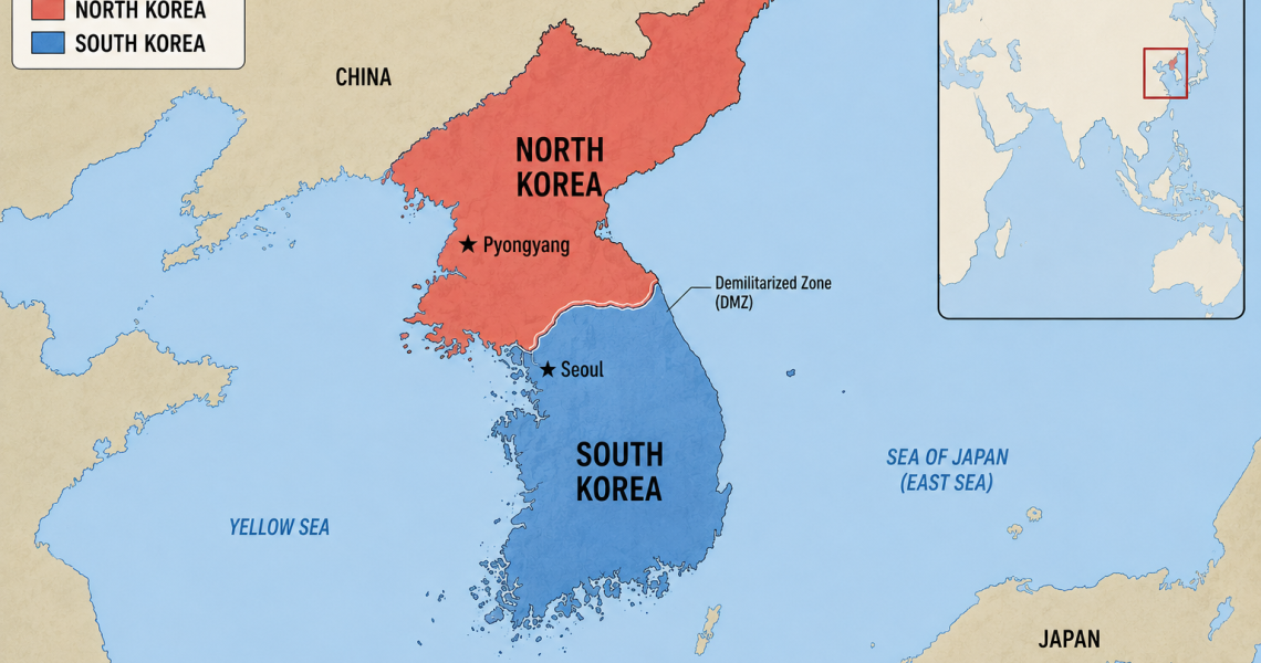 Illustrated political map of the Korean Peninsula showing North Korea in red and South Korea in blue, separated by the Demilitarized Zone (DMZ), with surrounding countries including China, Russia, and Japan labeled in English.