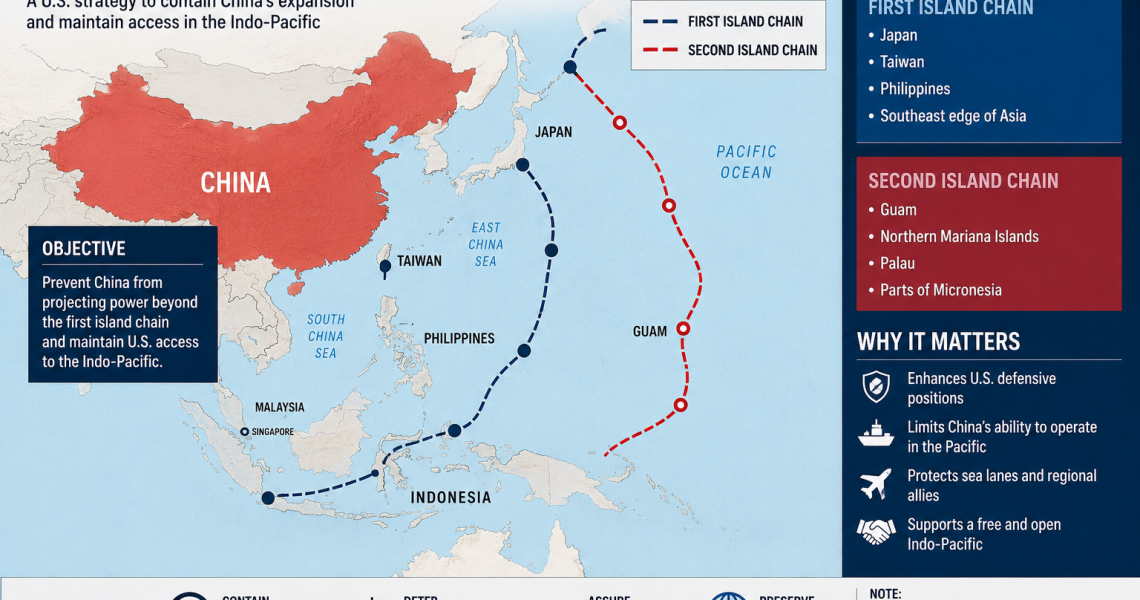 Infographic map illustrating the U.S. “Island Chain Strategy” in the Indo-Pacific region, showing the first and second island chains around China, Japan, Taiwan, the Philippines, and Guam, along with strategic goals related to regional security and containment.
