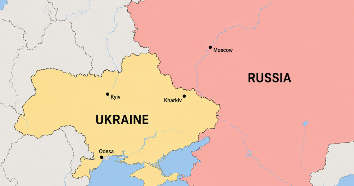 Simplified political map showing the border region between Ukraine and Russia, including nearby cities and surrounding territories.
