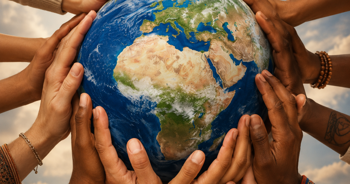 Illustration of diverse hands from people of different backgrounds holding and supporting the Earth together, symbolizing global unity, peace, and cooperation.