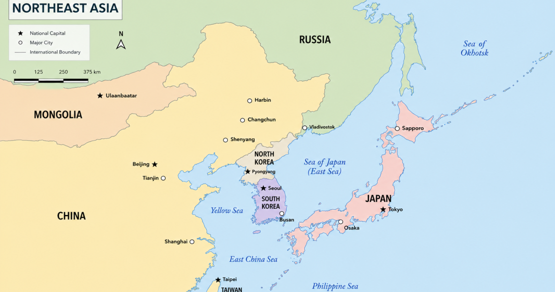 Political map of Northeast Asia showing China, Japan, North Korea, South Korea, Russia, Mongolia, and Taiwan, along with major cities and surrounding seas.