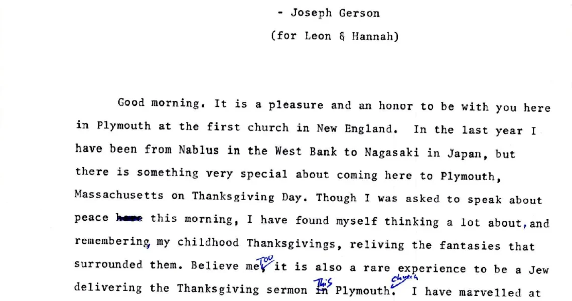 Joseph Gerson's Thanksgiving Day Sermon, Plymouth, Ma. 1984