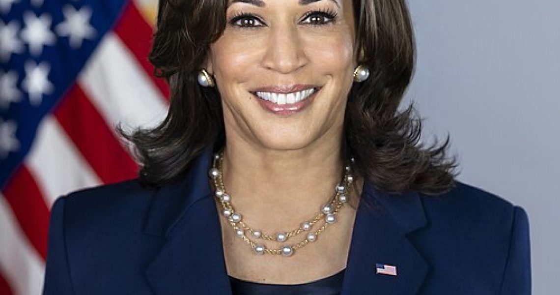 Official portrait of Kamala Harris smiling in front of an American flag background.
