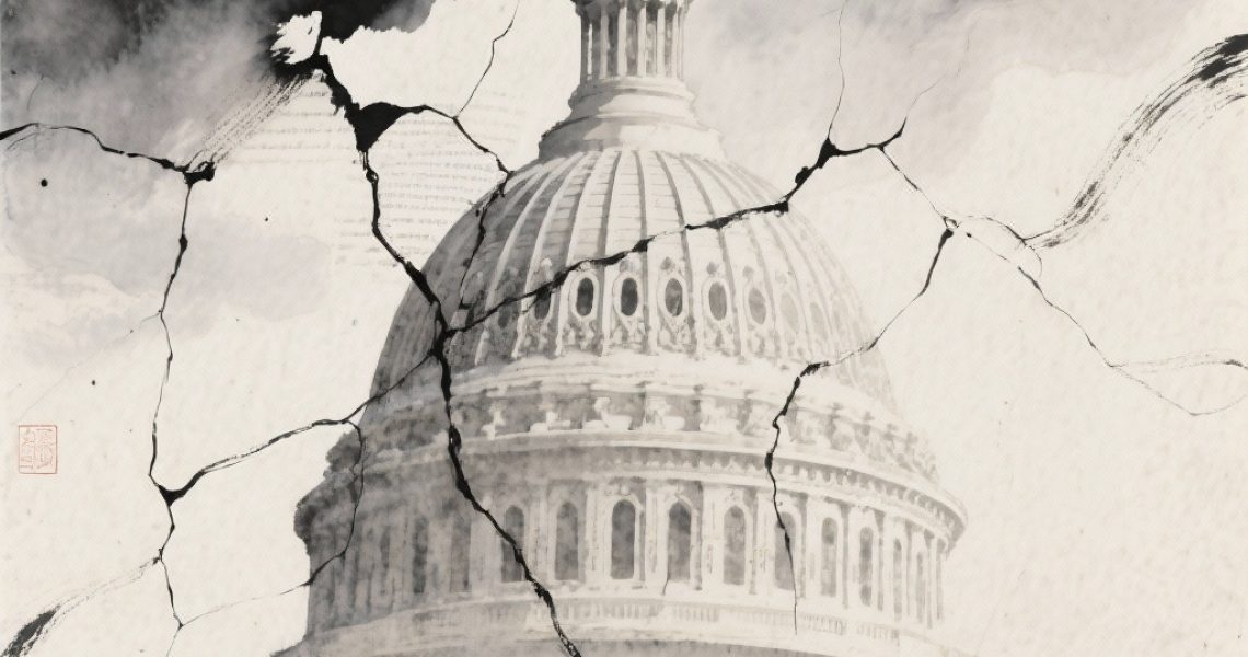 A cracked U.S. Capitol dome or faded Constitution overlaid with dark storm clouds