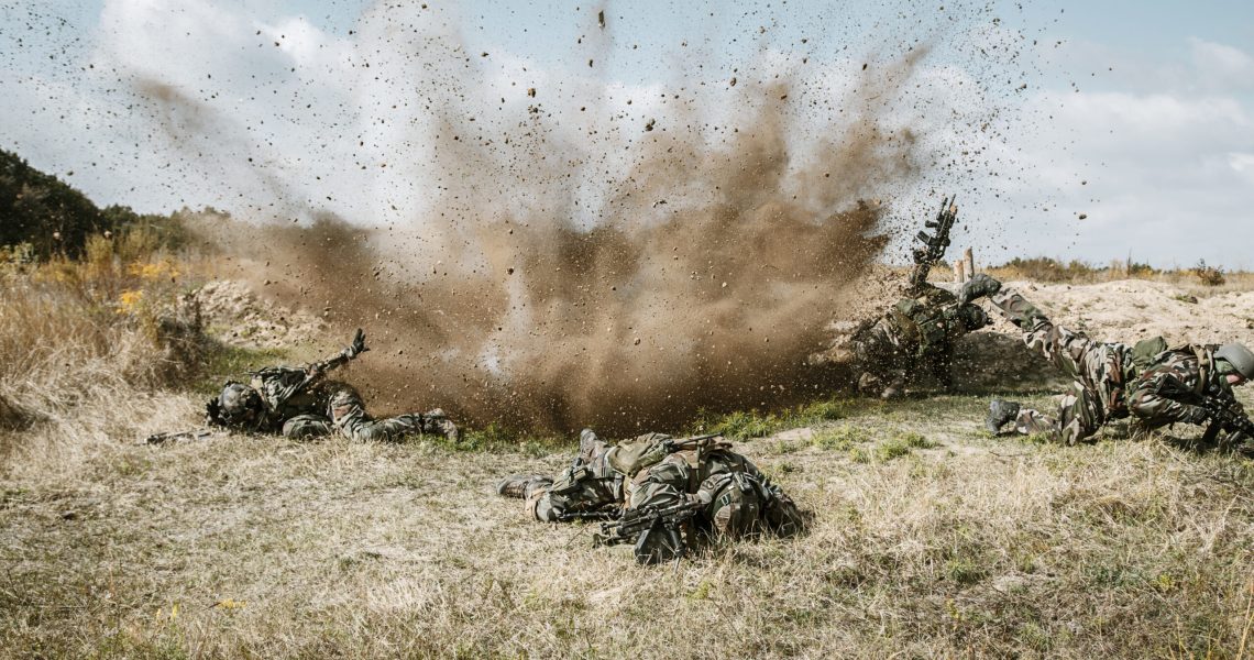 Squad of elite french paratroopers of 1st Marine Infantry Parachute Regiment RPIMA ambushed in action, landmine exploding, they are killed